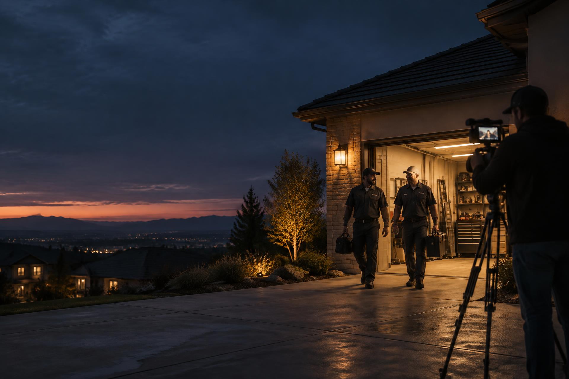 Unruly Content crew filming two service technicians outside a garage at dusk