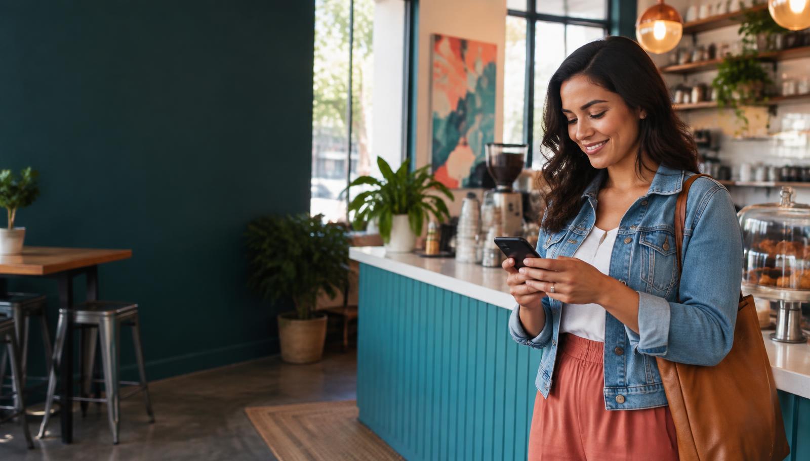 Customer scrolling on her phone inside a colorful local coffee shop