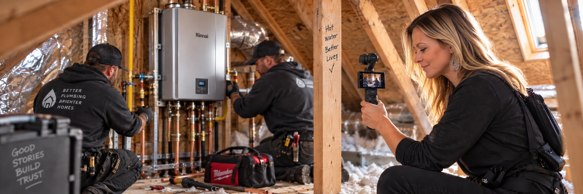 Unruly Content founder filming two plumbing technicians installing a tankless water heater in an attic