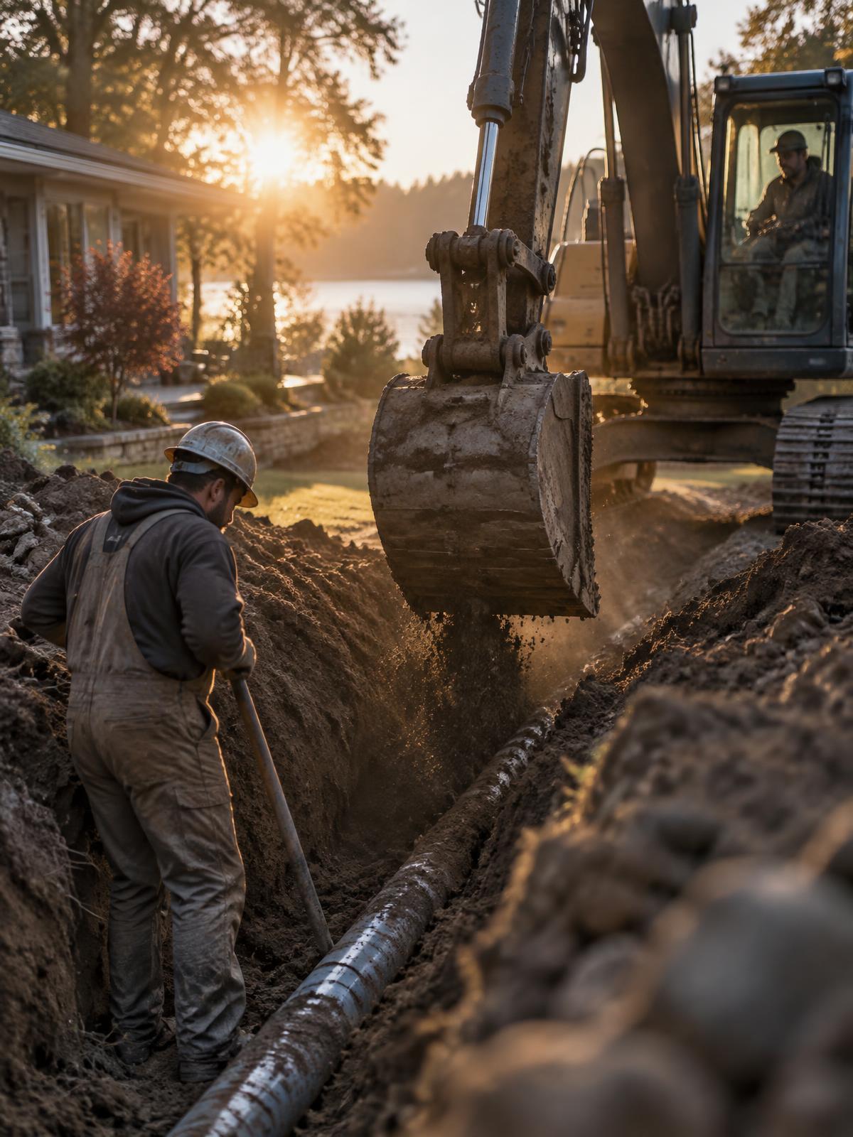 Excavator and crew laying pipe in a residential yard trench at golden hour