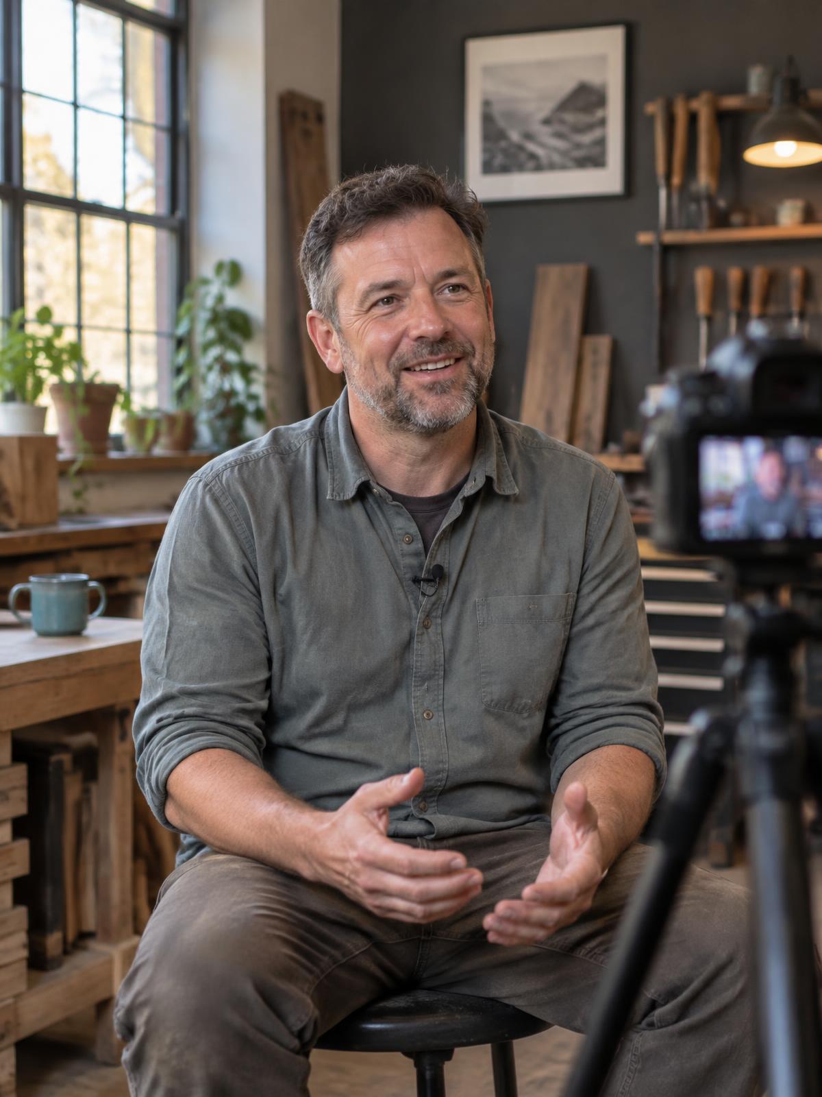 Small-business owner answering interview questions on camera in his workshop