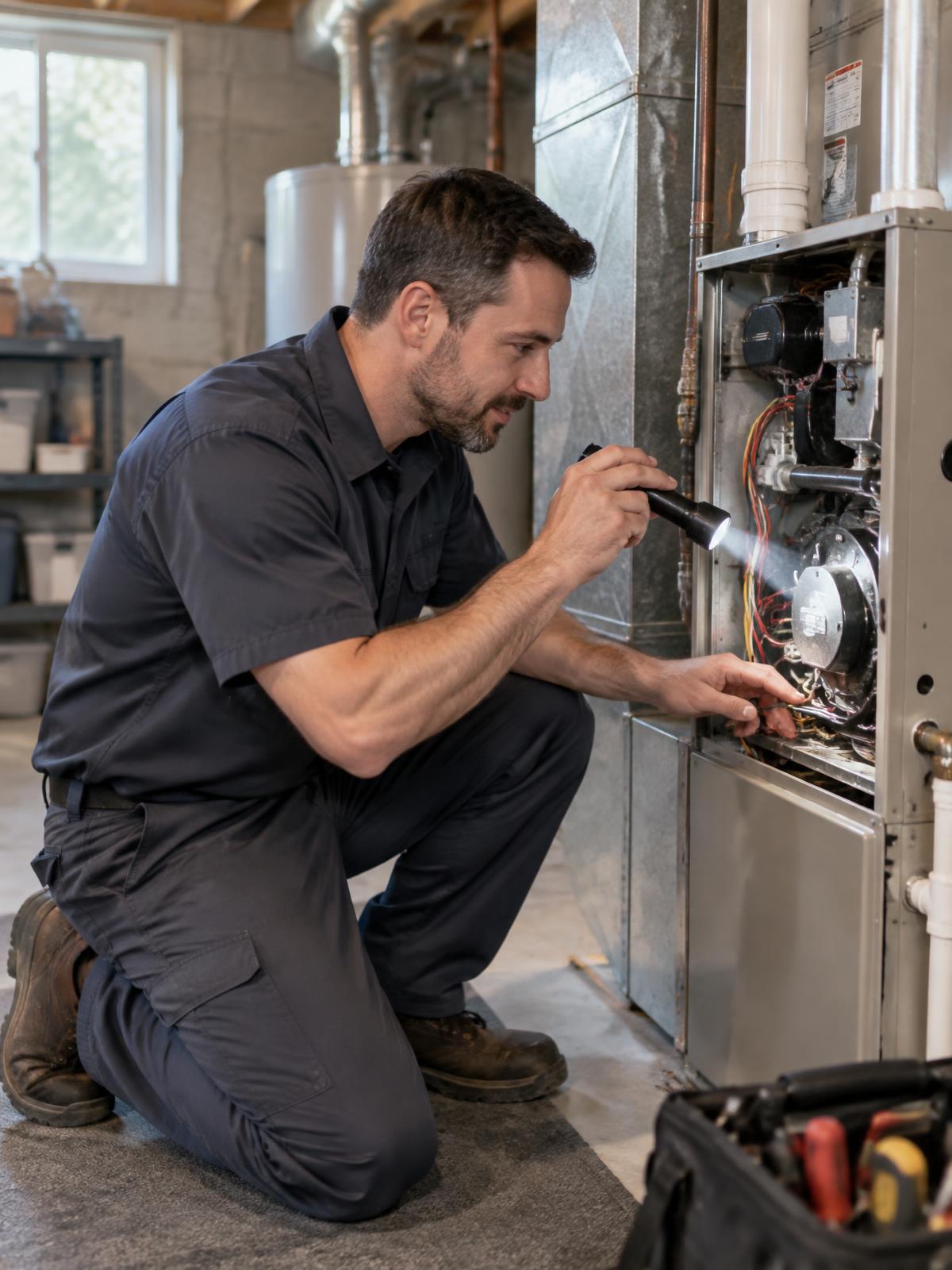 Uniformed service technician inspecting a furnace in a basement